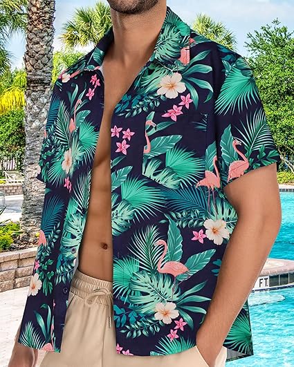 Mens Hawaiian Shirt Short Sleeve Summer Beach Casual Tops Button Down T Shirts with Pocket