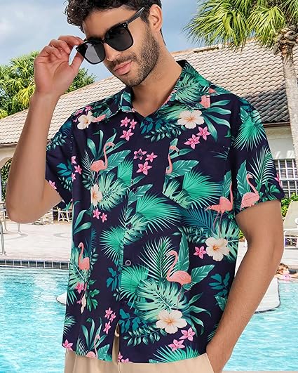 Mens Hawaiian Shirt Short Sleeve Summer Beach Casual Tops Button Down T Shirts with Pocket