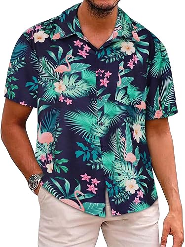 Mens Hawaiian Shirt Short Sleeve Summer Beach Casual Tops Button Down T Shirts with Pocket