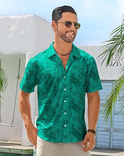Men's Hawaiian Shirt, Short Sleeve, Wrinkle-Free, Button-Down, Tropical Floral Print, Beach Vacation Shirt