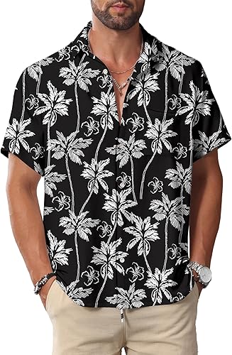Men's Hawaiian Casual Shirt: Men's Tropical Button Down Short Sleeve Shirt with Pocket for Beach Vacation