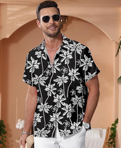 Men's Hawaiian Casual Shirt: Men's Tropical Button Down Short Sleeve Shirt with Pocket for Beach Vacation